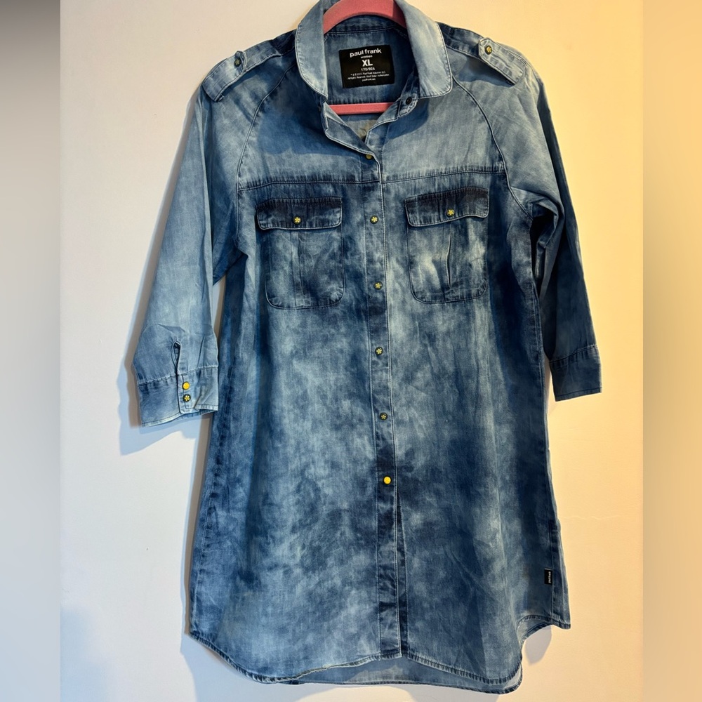 Y2K Vintage Paul Frank Denim Shirt Dress with Embroidered Accents